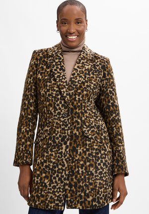 Leopard print coat with two front pockets, long sleeves, and single button closure. Fabric has a soft texture; colors include brown, black, and beige.