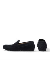Mørkeblå ruskind loafers med rund tå, stikninger, gummisål og texturerede hæl-akkorder. Lavprofil design uden snørebånd.