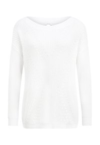 Biały, dziergany sweter z szerokim dekoltem, długimi rękawami, teksturowanym wzorem oraz prążkowanymi mankietami i dołem. Posiada geometryczny wzór.