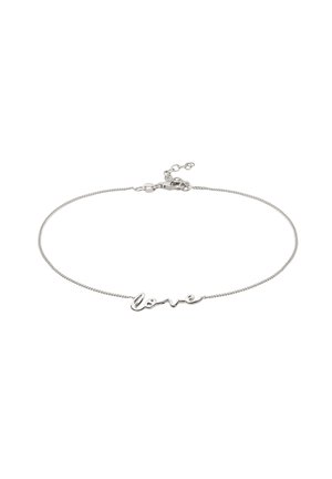 Zartes Silberkettchen-Armband mit einem Schriftzug „love“ in der Mitte und einem verstellbaren Karabinerverschluss.