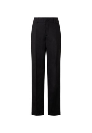 Pantalons noirs avec une coupe droite, dotés d'une fermeture à bouton, de passants de ceinture et d'une texture de tissu lisse. Détails minimaux.