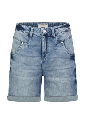 Hellblaue Denim-Shorts mit aufgekrempeltem Saum, vorderem Knopf- und Reißverschluss, Gürtelschlaufen und Vordertaschen, mit mittlerer Größe gekennzeichnet.