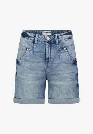 Hellblaue Denim-Shorts mit aufgekrempeltem Saum, vorderem Knopf- und Reißverschluss, Gürtelschlaufen und Vordertaschen, mit mittlerer Größe gekennzeichnet.