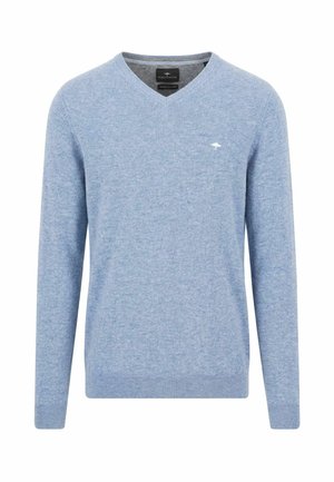 Hellblauer Langarm-V-Pullover mit gerippten Bündchen und Saum, mit einem kleinen weißen gestickten Logo auf der linken Brust.