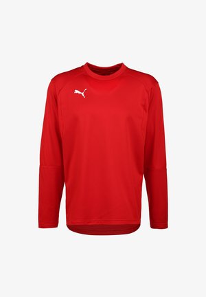 T-shirt de sport rouge à manches longues en tissu texturé, avec un col rond et un logo Puma blanc sur la poitrine. Design ajusté avec des accents cousus.