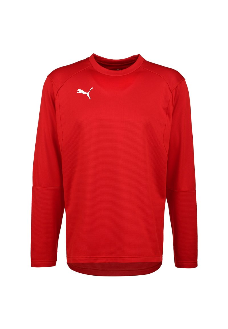 Červená športová tričko s dlhým rukávom vyrobené z textúrovanej látky, s okrúhlym výstrihom a bielym logom Puma na hrudi. Úzky strih s prešitými detailmi.