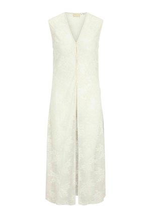 Vestă lungă albă din dantelă fără mâneci, cu decolteu în V și închidere cu nasturi în față, având modele florale pe toată țesătura.