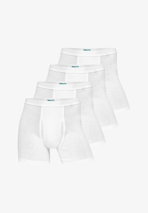 Hvide bomulds boxershorts med en blød tekstur. Hver pari har et ensfarvet design og en kontrasterende elastik med et logo. Fire par vises.