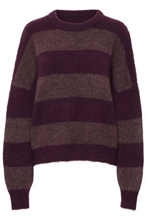 Maglione oversize in magenta scuro e marrone, lavorato a maglia morbida. Presenta ampie righe orizzontali, scollo a girocollo a coste e maniche lunghe.