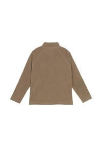 Maglione in pile marrone chiaro con colletto alto, maniche lunghe e dettagli di cucitura sottili. Texture morbida con vestibilità comoda.
