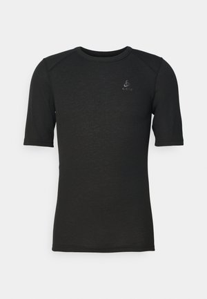 Black short-sleeve t-shirt made of a smooth fabric. Features a round neckline and a small logo on the chest. Simple and fitted design.