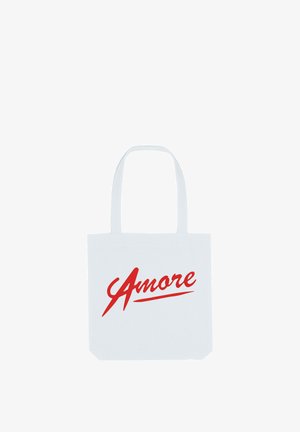 Borsa a tracolla bianca con due manici e la parola "Amore" in corsivo rosso bold sulla parte anteriore.