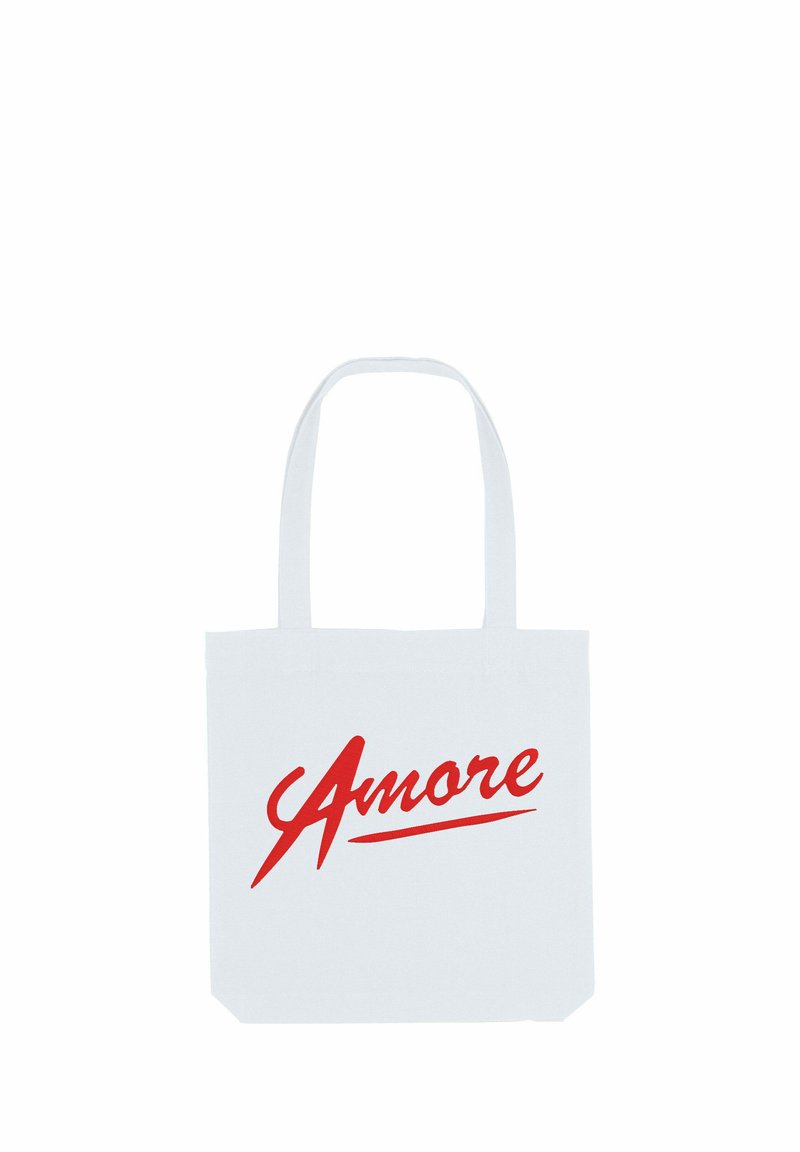 Borsa a tracolla bianca con due manici e la parola "Amore" in corsivo rosso bold sulla parte anteriore.