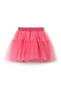 Falda de tul rosa con un diseño de capas y una cinturilla elástica brillante. La tela es transparente y ligera.