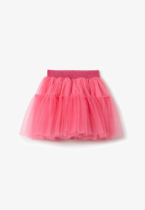 Rosa Tüllrock mit einem schichtigen Design und einem glitzernden elastischen Bund. Der Stoff ist durchscheinend und leicht.