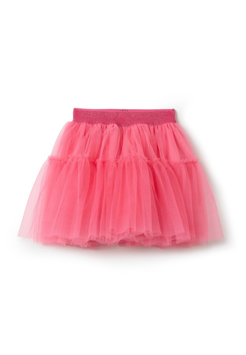 Falda de tul rosa con un diseño de capas y una cinturilla elástica brillante. La tela es transparente y ligera.