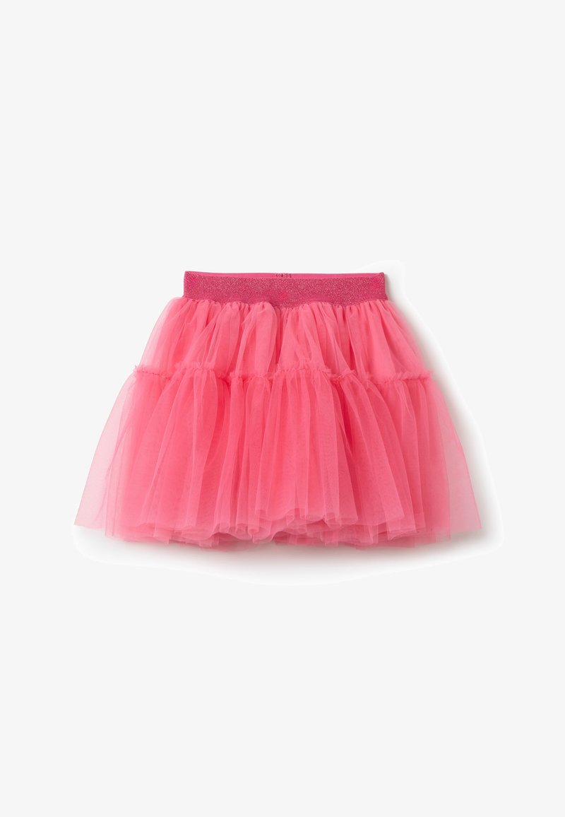 Gonna in tulle rosa con un design a strati e una cintura elastica glitterata. Il tessuto è trasparente e leggero.