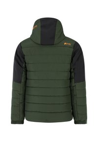 Giacca a vento verde con pannelli neri sulle spalle, design trapuntato orizzontale, cappuccio regolabile e polsini elasticizzati. Logo del marchio visibile.