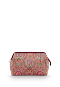 Cosmetic pouch featuring a floral and paisley pattern in pink, green, and gold, with a maroon zip and ribbed accent along the top.