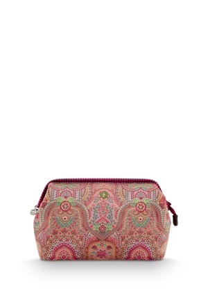 Cosmetic pouch featuring a floral and paisley pattern in pink, green, and gold, with a maroon zip and ribbed accent along the top.