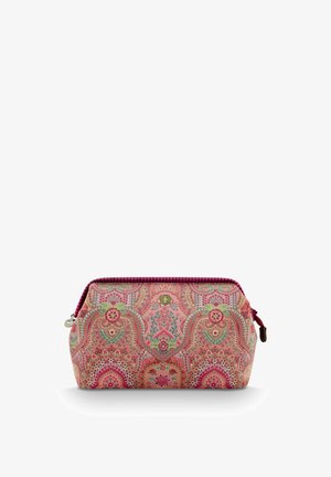Cosmetic pouch featuring a floral and paisley pattern in pink, green, and gold, with a maroon zip and ribbed accent along the top.