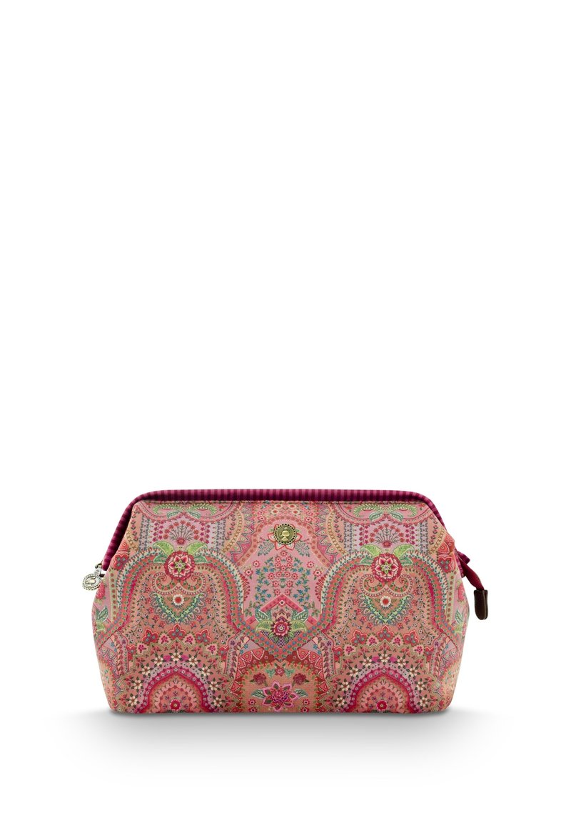 Cosmetic pouch featuring a floral and paisley pattern in pink, green, and gold, with a maroon zip and ribbed accent along the top.