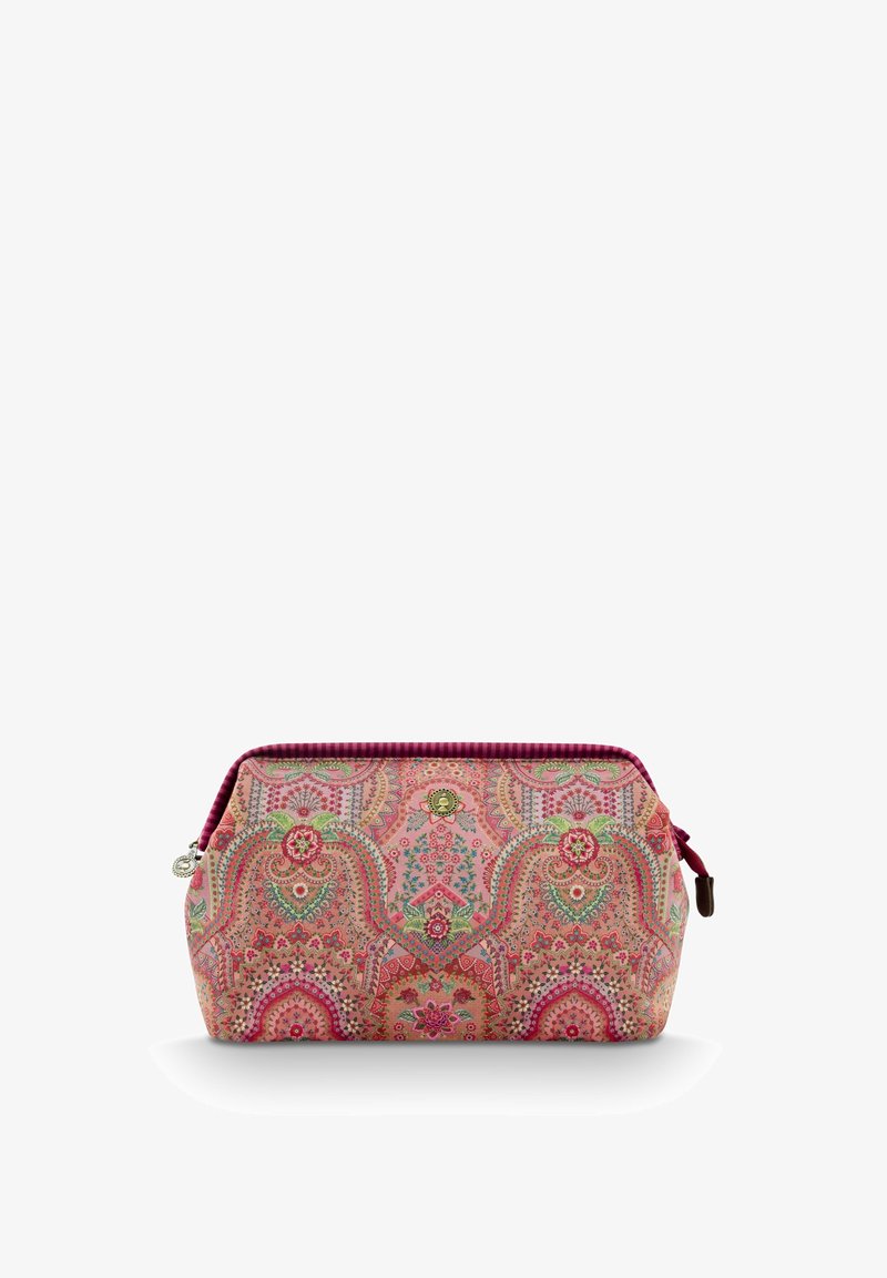 Cosmetic pouch featuring a floral and paisley pattern in pink, green, and gold, with a maroon zip and ribbed accent along the top.