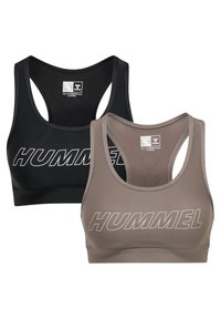 Dwa biustonosze sportowe, jeden czarny i jeden taupe, wykonane z gładkiego materiału z designem typu racerback. Każdy z nich ma na przodzie wyraźne logo "HUMMEL".