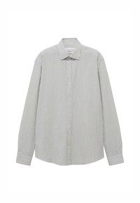Camicia a maniche lunghe a righe in grigio chiaro e bianco, con chiusura frontale con bottoni, colletto classico e orlo dritto con spaccature laterali.
