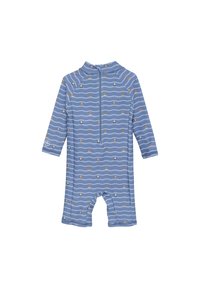 Blå baddräkt med vågmönster och små båtar. Långärmad, hög krage och dragkedja framtill för enkel stängning.