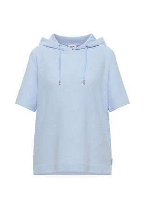 Sweat à capuche bleu clair à manches courtes avec tissu texturé et cordons, étiqueté "CECIL" à l'intérieur du col.