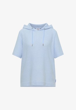 Felpa con cappuccio azzurro chiaro a maniche corte, con tessuto strutturato e coulisse, etichettata "CECIL" all'interno del colletto.