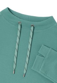 Sudadera color verde menta con textura acanalada, cordones con herrajes plateados y un bolsillo en la manga izquierda.