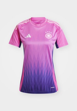 Maillot de football dégradé rose et violet, à manches courtes, col rond, avec trois rayures blanches sur les épaules et un logo sur la poitrine.