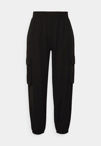 Pantalon cargo noir avec une taille élastique, deux poches latérales et des ouvertures de jambe fuselées. Confectionné en tissu doux et respirant.