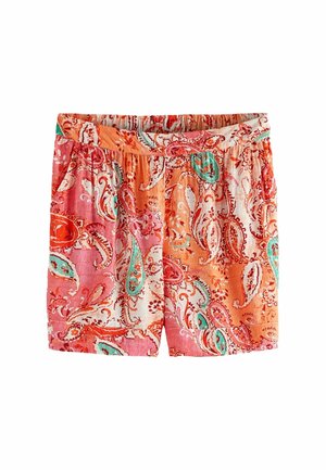 Shorts amples avec taille élastique, présentant un motif paisley vif en orange, rose, blanc et turquoise sur un tissu léger.