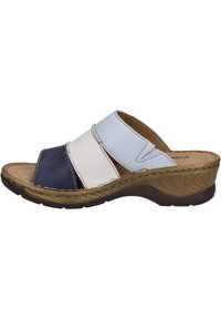 Leather slide sandal with three overlapping bands in navy, white, and light blue. Features a molded wedge heel and textured sole.