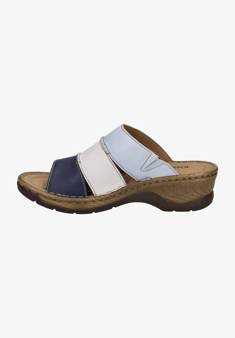 Leather slide sandal with three overlapping bands in navy, white, and light blue. Features a molded wedge heel and textured sole.