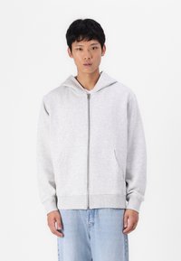 Felpa grigia chiara con zip in tessuto morbido, caratterizzata da un cappuccio, tasche a marsupio e polsini e orlo a costine. Indossata con jeans azzurri chiari.