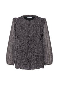 Blouse noire à manches longues avec petits motifs léopard gris, détails froncés aux épaules, boutonnière sur le devant et tissu légèrement transparent sur les manches.