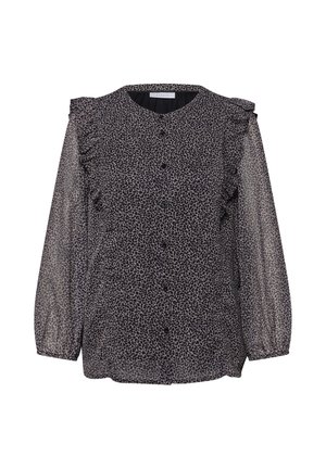 Blouse noire à manches longues avec petits motifs léopard gris, détails froncés aux épaules, boutonnière sur le devant et tissu légèrement transparent sur les manches.