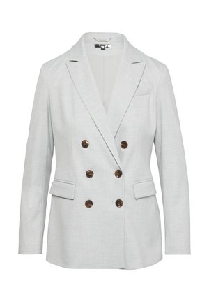 Grijze dubbelgeknoopte blazer van textuurstof, met grote bruine knopen, geknipte revers en twee voorzakken.