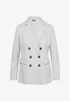 Grauer, doppelt geknöpfter Blazer aus strukturiertem Stoff, mit großen braunen Knöpfen, Reverskragen und zwei Fronttaschen.