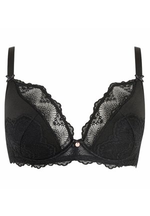 Zwarte bh met een kanten overlay, draadloos ontwerp, verstelbare bandjes en een decoratieve strik op de bandjes. Gecoate textuur met golvende randen.