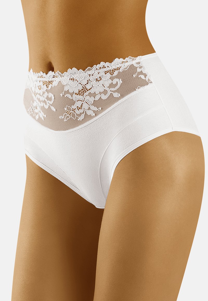 Hoge taille witte slip met een bloemenkantpaneel aan de bovenkant en een gladde, ondoorzichtige, gestructureerde stof.