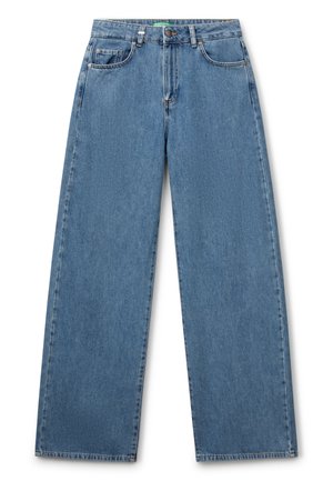Jeans in denim azzurro chiaro con un design a gamba larga, dotati di tasche frontali, chiusura con bottone e taglio dritto. Texture liscia, stile classico.