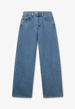Light blue denim jeans with a wide-leg design, featuring front pockets, a button closure, and a straight cut. Smooth texture, classic style.