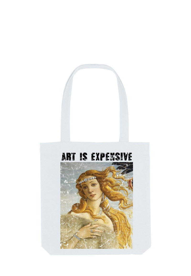 Witte canvas tote bag met een vintage kunstprint van een vrouw met vloeiende haren, omringd door de tekst "KUNST IS DUUR" in vet zwart.