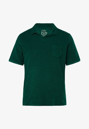 Donkergroene polo met een kraag, korte mouwen en een enkele borstzak met een gestructureerde afwerking, gemaakt van katoen.