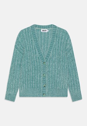 Cardigan en maille côtelée vert-bleu avec manches longues, col en V et quatre boutons sur le devant, étiqueté Molo.